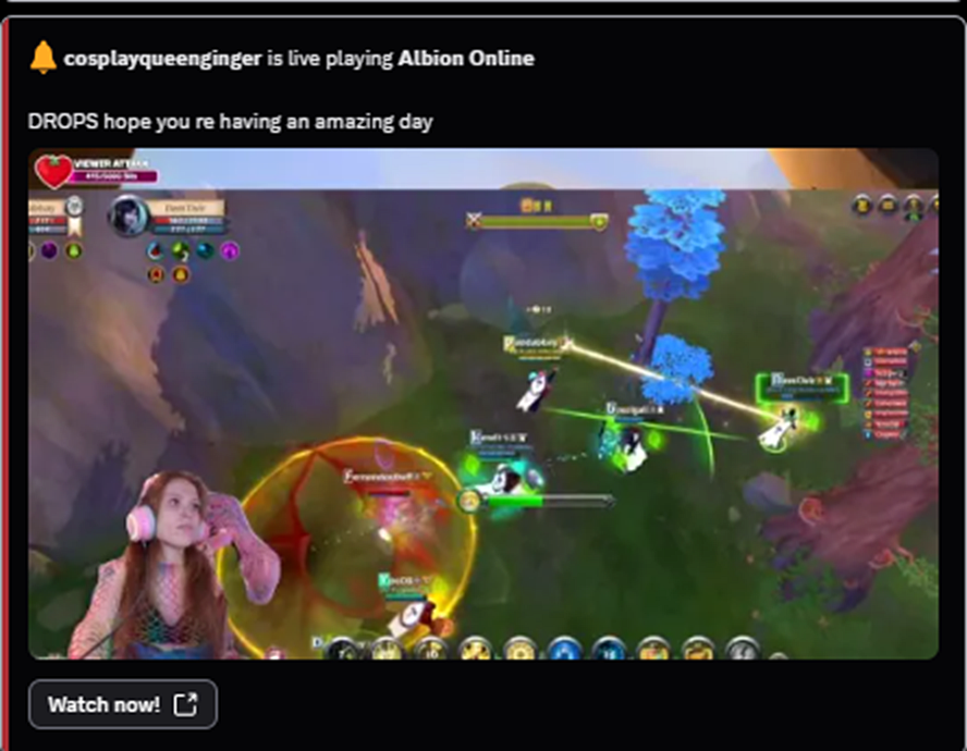 Twitch live post for an Albion Online creator