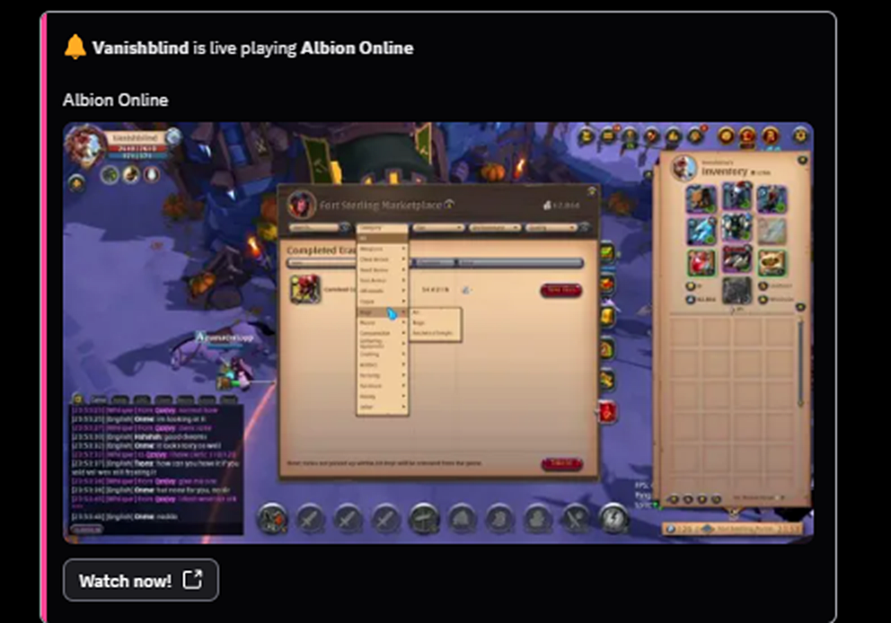 Twitch live post in a Discord channel